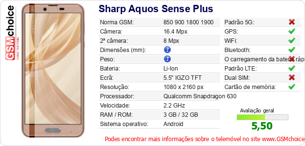 Sharp Aquos Sense Plus Especificações técnicas do telemóvel 