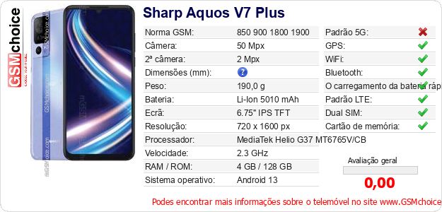 Sharp Aquos V7 Plus Especificações técnicas do telemóvel Sharp Aquos V7 Plus Especificações técnicas do telemóvel