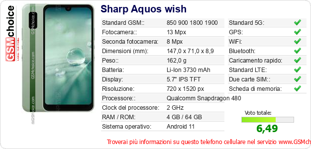 Sharp Aquos wish Dati tecnici di telefono cellulare 