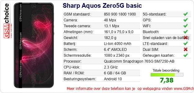Sharp Aquos Zero5G basic Technische gegevens Sharp Aquos Zero5G basic Technische gegevens