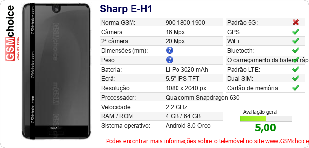 Sharp E-H1 Especificações técnicas do telemóvel 