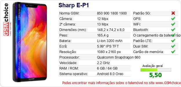 Sharp E-P1 Especificações técnicas do telemóvel 