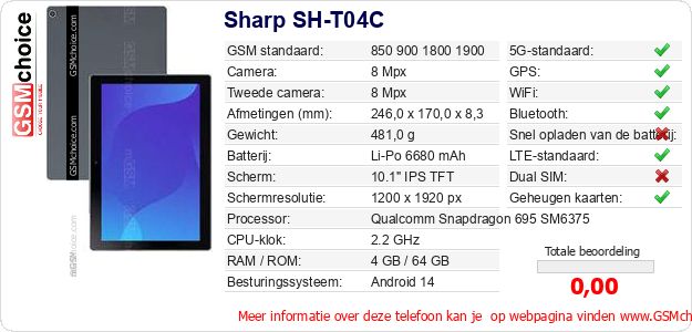 Sharp SH-T04C Technische gegevens Sharp SH-T04C Technische gegevens