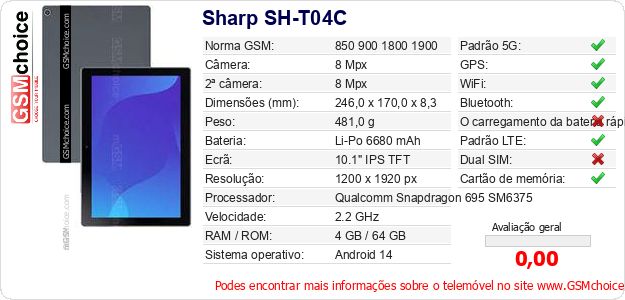 Sharp SH-T04C Especificações técnicas do telemóvel Sharp SH-T04C Especificações técnicas do telemóvel