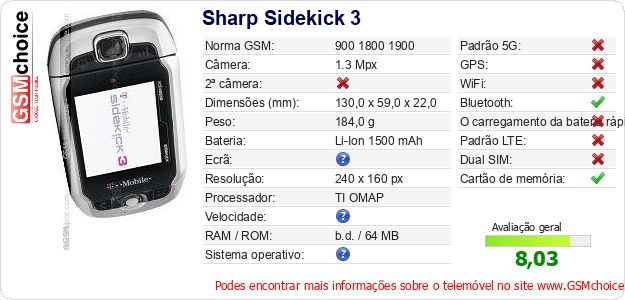 Sharp Sidekick 3 Especificações técnicas do telemóvel 