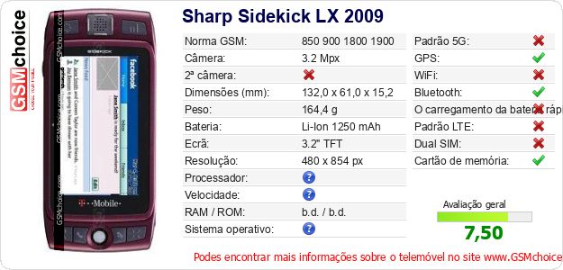 Sharp Sidekick LX 2009 Especificações técnicas do telemóvel 