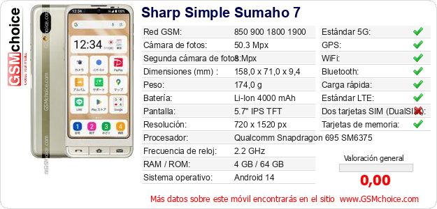 Sharp Simple Sumaho 7 Datos técnicos del móvil Sharp Simple Sumaho 7 Datos técnicos del móvil