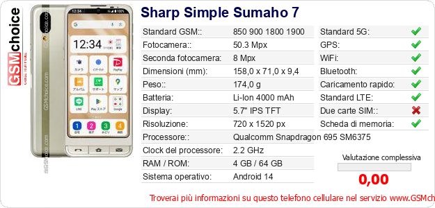 Sharp Simple Sumaho 7 Dati tecnici di telefono cellulare 