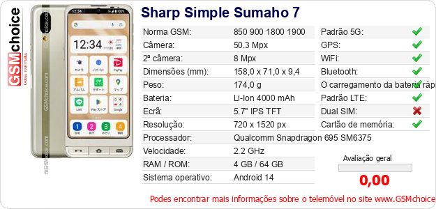 Sharp Simple Sumaho 7 Especificações técnicas do telemóvel Sharp Simple Sumaho 7 Especificações técnicas do telemóvel
