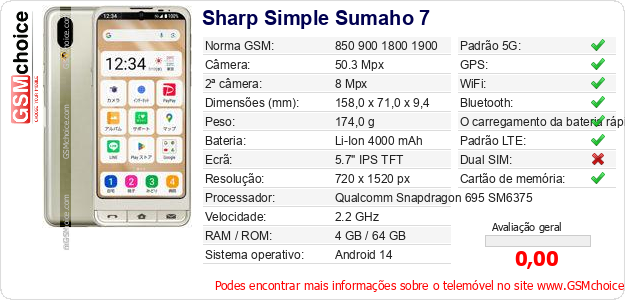 Sharp Simple Sumaho 7 Especificações técnicas do telemóvel Sharp Simple Sumaho 7 Especificações técnicas do telemóvel