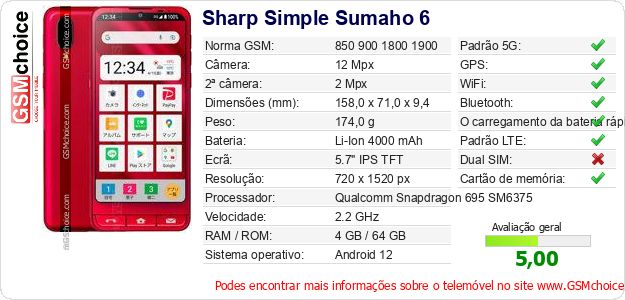 Sharp Simple Sumaho 6 Especificações técnicas do telemóvel Sharp Simple Sumaho 6 Especificações técnicas do telemóvel