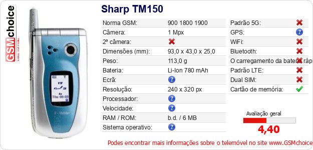 Sharp TM150 Especificações técnicas do telemóvel 
