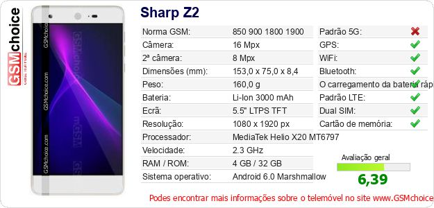 Sharp Z2 Especificações técnicas do telemóvel Sharp Z2 Especificações técnicas do telemóvel