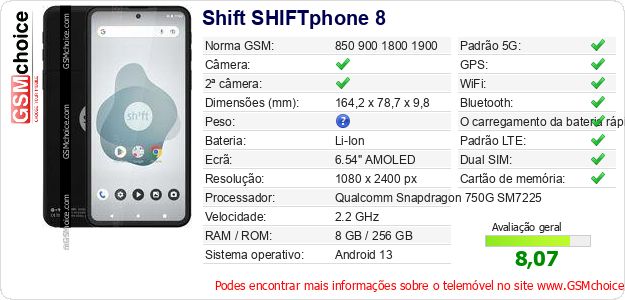 Shift SHIFTphone 8 Especificações técnicas do telemóvel 