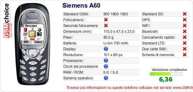 Siemens A60 Dati tecnici di telefono cellulare 