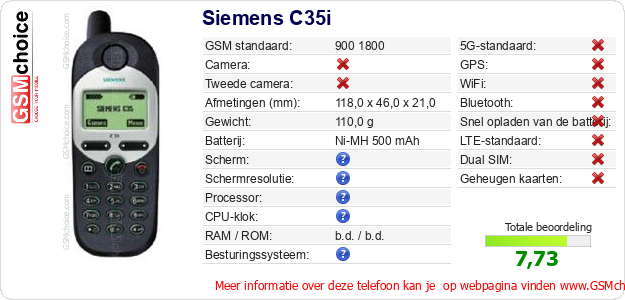 Siemens C35i Technische gegevens  Siemens C35i Technische gegevens