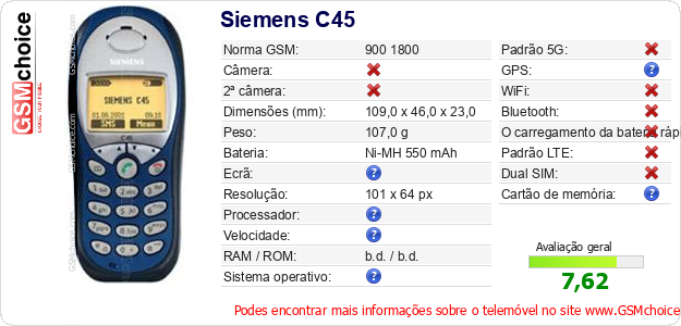 Siemens C45 Especificações técnicas do telemóvel 