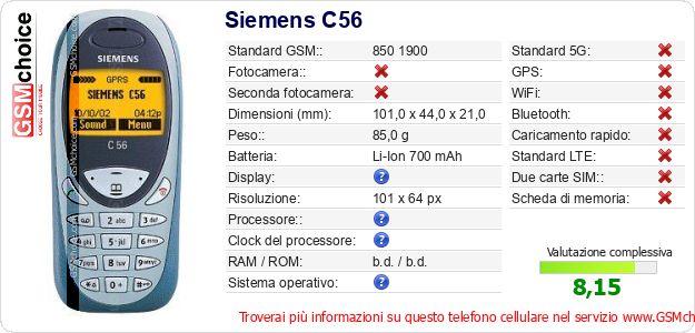 Siemens C56 Dati tecnici di telefono cellulare Siemens C56 Dati tecnici di telefono cellulare