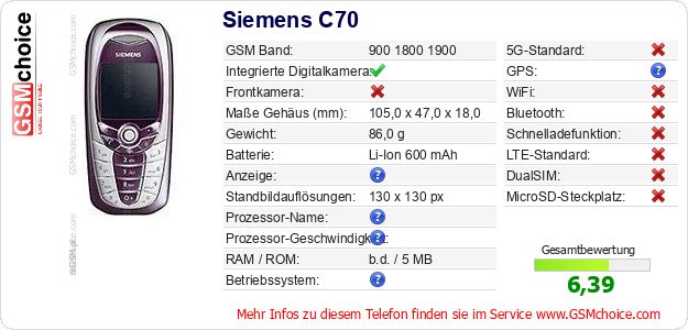 Siemens C70 technische Daten Siemens C70 technische Daten