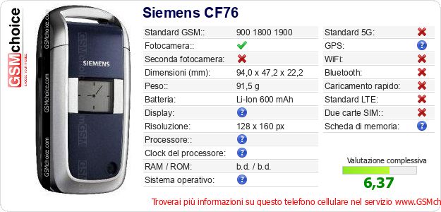 Siemens CF76 Dati tecnici di telefono cellulare Siemens CF76 Dati tecnici di telefono cellulare