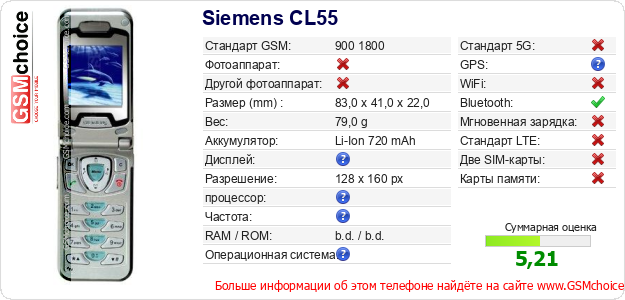 Siemens CL55 Технические данные телефона Siemens CL55 Технические данные телефона