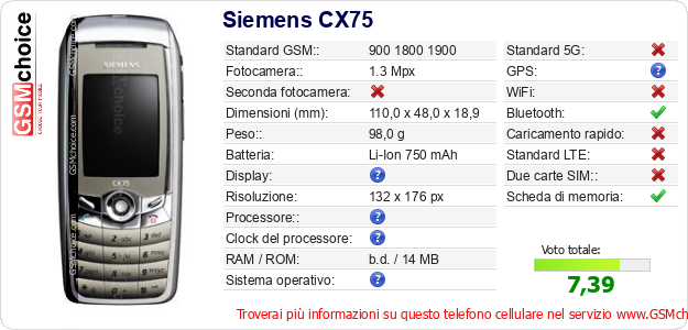 Siemens CX75 Dati tecnici di telefono cellulare 