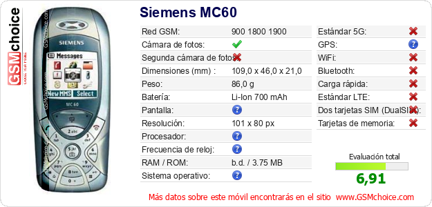Siemens MC60 Datos técnicos del móvil 