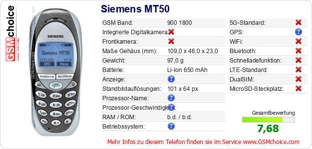 Siemens MT50 technische Daten Siemens MT50 technische Daten