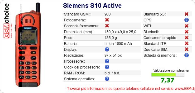 Siemens S10 Active Dati tecnici di telefono cellulare Siemens S10 Active Dati tecnici di telefono cellulare