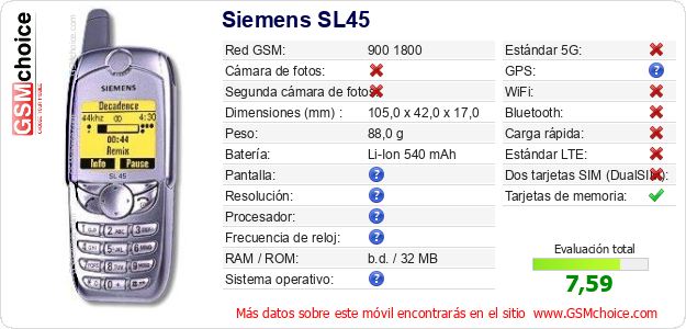 Siemens SL45 Datos técnicos del móvil 