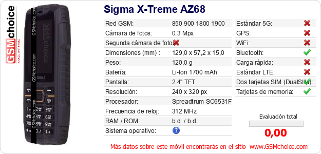 Sigma X-Treme AZ68 Datos técnicos del móvil Sigma X-Treme AZ68 Datos técnicos del móvil
