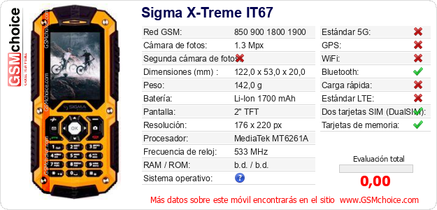 Sigma X-Treme IT67 Datos técnicos del móvil Sigma X-Treme IT67 Datos técnicos del móvil