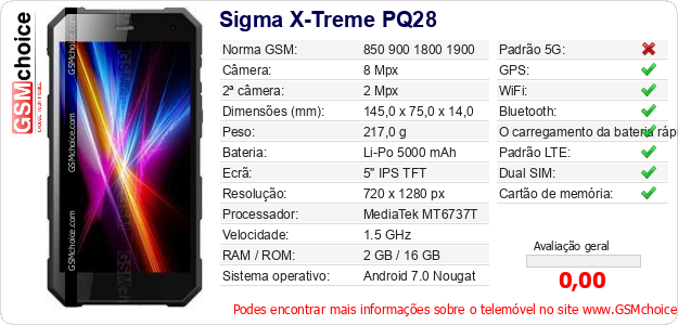 Sigma X-Treme PQ28 Especificações técnicas do telemóvel Sigma X-Treme PQ28 Especificações técnicas do telemóvel