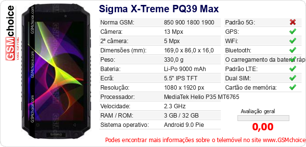 Sigma X-Treme PQ39 Max Especificações técnicas do telemóvel 