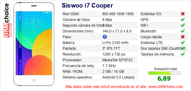 Siswoo i7 Cooper Datos técnicos del móvil Siswoo i7 Cooper Datos técnicos del móvil
