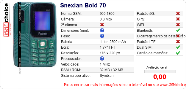 Snexian Bold 70 Especificações técnicas do telemóvel Snexian Bold 70 Especificações técnicas do telemóvel