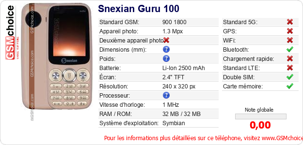 Snexian Guru 100 Fiche technique