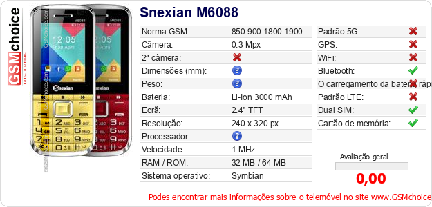 Snexian M6088 Especificações técnicas do telemóvel Snexian M6088 Especificações técnicas do telemóvel