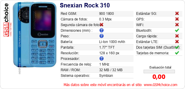 Snexian Rock 310 Datos técnicos del móvil Snexian Rock 310 Datos técnicos del móvil