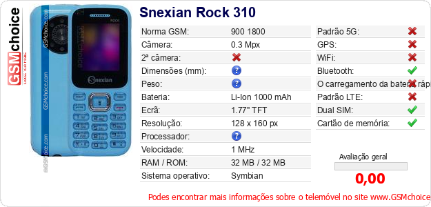 Snexian Rock 310 Especificações técnicas do telemóvel 