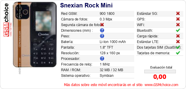 Snexian Rock Mini Datos técnicos del móvil Snexian Rock Mini Datos técnicos del móvil