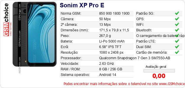Sonim XP Pro E Especificações técnicas do telemóvel Sonim XP Pro E Especificações técnicas do telemóvel