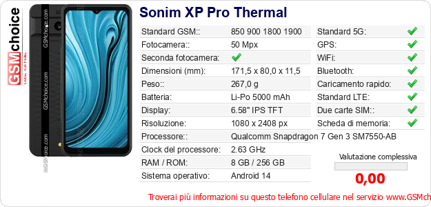 Sonim XP Pro Thermal Dati tecnici di telefono cellulare Sonim XP Pro Thermal Dati tecnici di telefono cellulare