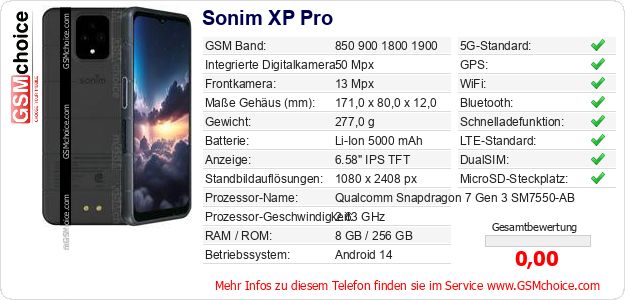 Sonim XP Pro technische Daten Sonim XP Pro technische Daten