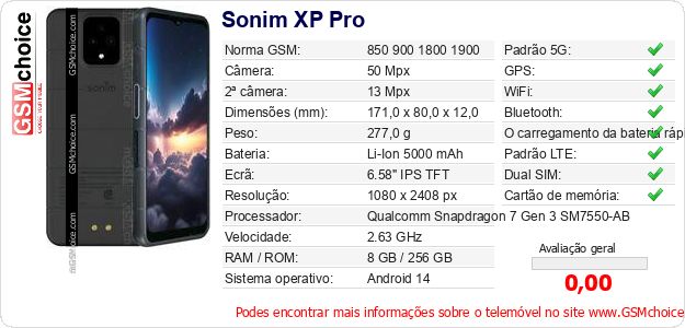 Sonim XP Pro Especificações técnicas do telemóvel Sonim XP Pro Especificações técnicas do telemóvel