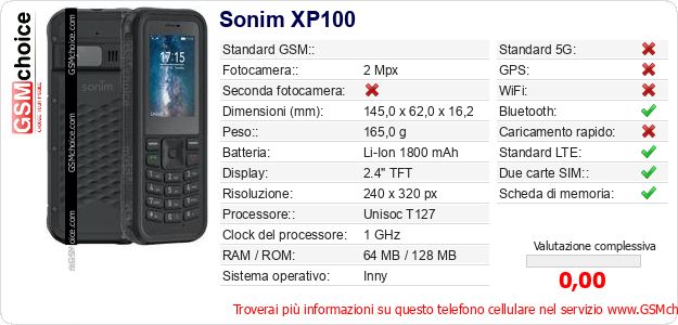 Sonim XP100 Dati tecnici di telefono cellulare Sonim XP100 Dati tecnici di telefono cellulare
