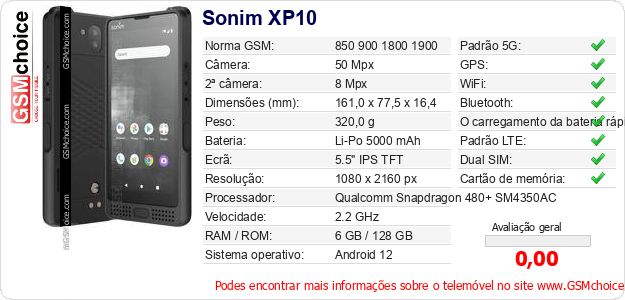 Sonim XP10 Especificações técnicas do telemóvel Sonim XP10 Especificações técnicas do telemóvel