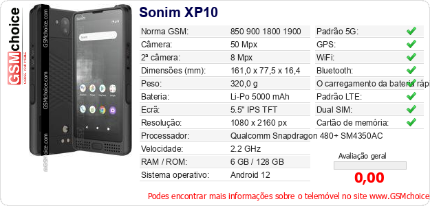 Sonim XP10 Especificações técnicas do telemóvel 