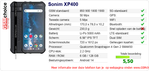 Sonim XP400 Technische gegevens 