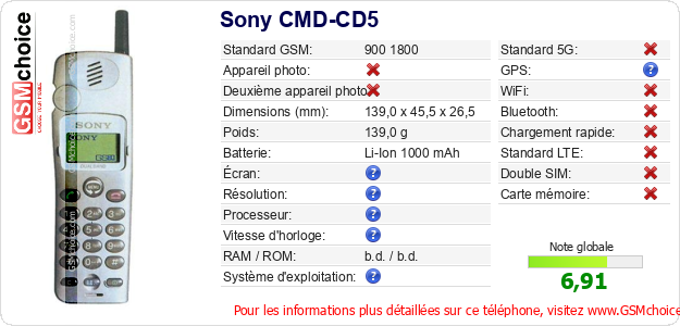 Sony CMD-CD5 Fiche technique